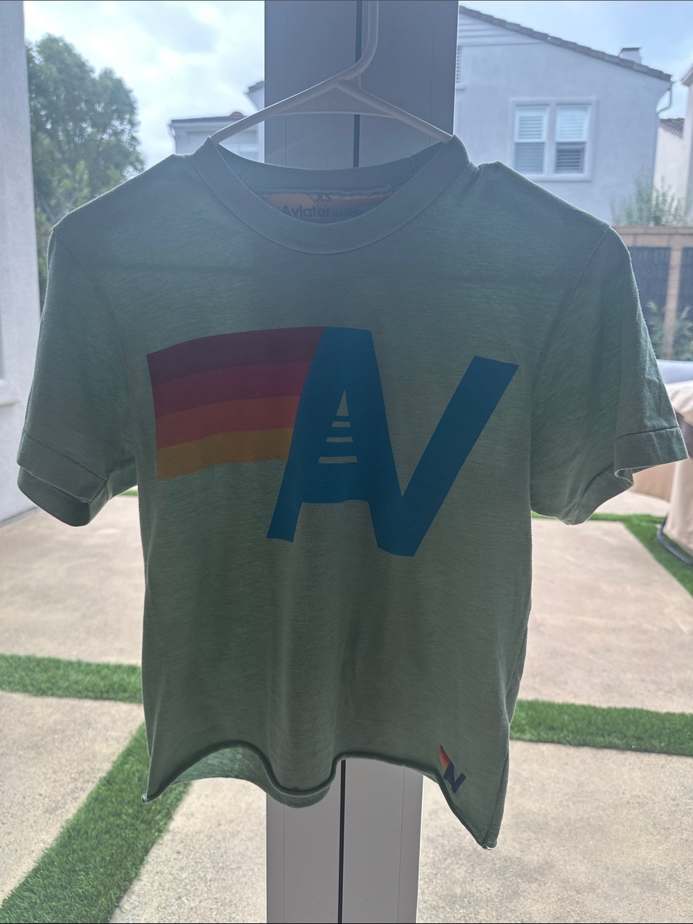 Aviator Nation Light Green Tee with Blue Logo and Rainbow Stripe XS